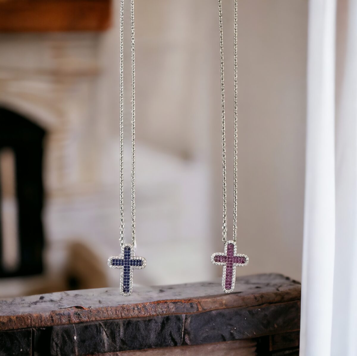 Collana silver in argento 925 con ciondolo a croce zirconato bianca, blu, fucsia e verde unisex - immagine 2